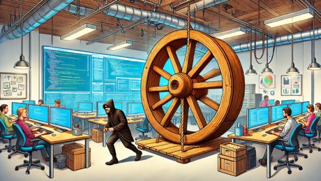 A burglar sneaking a giant wooden wagon wheel out of an engineering office